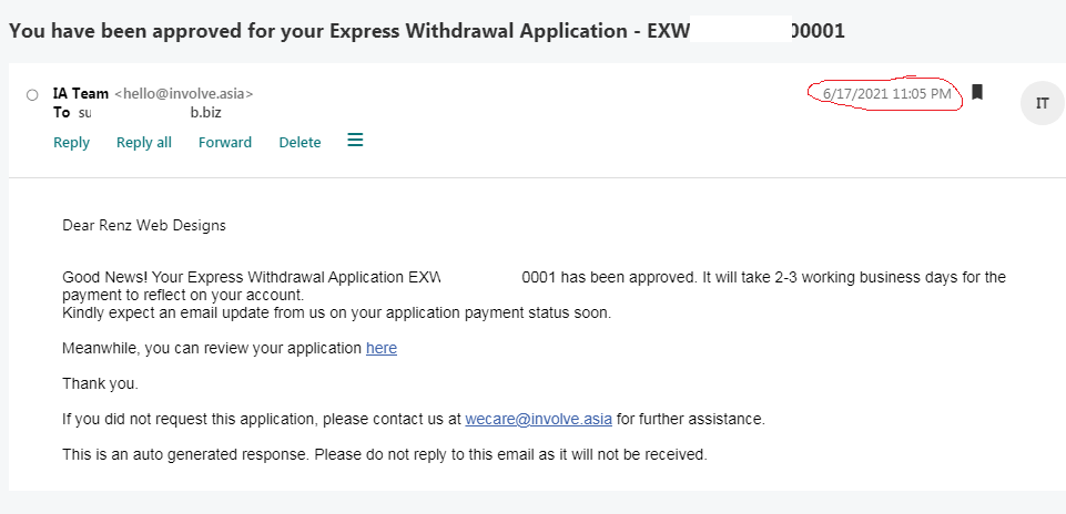Involve Asia Affiliate Express Withdrawal Request approved at 11am.