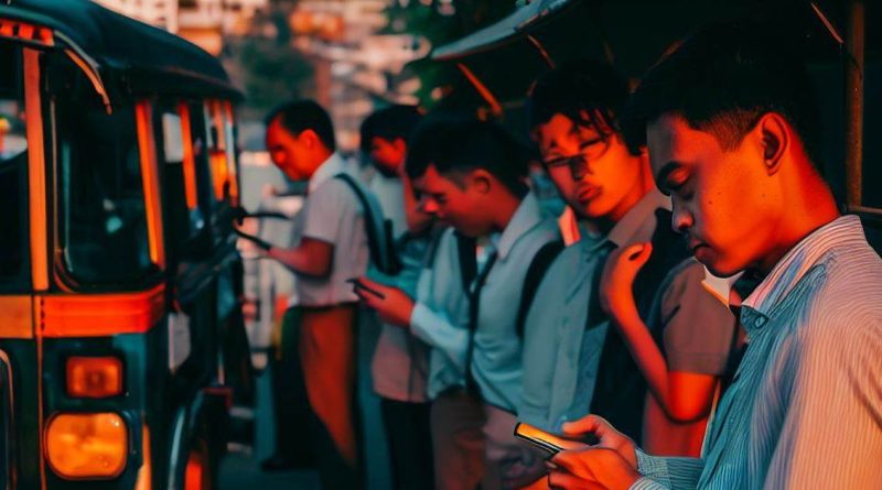 While waiting for a ride home, an employee is using their phone in line for a jeepney after work.